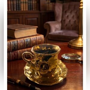 Vintage Gold Lusterware Teacup & Saucer High Relief 3D Rose Scalloped Ornate